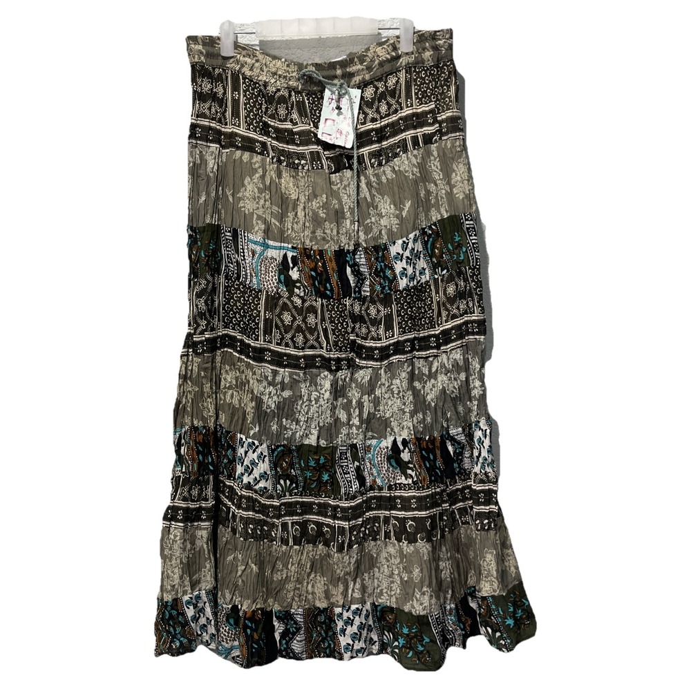 Cute Options Maxi Skirt Womens OS Green Patchwork Floral Boho Tiered Cotton 3308